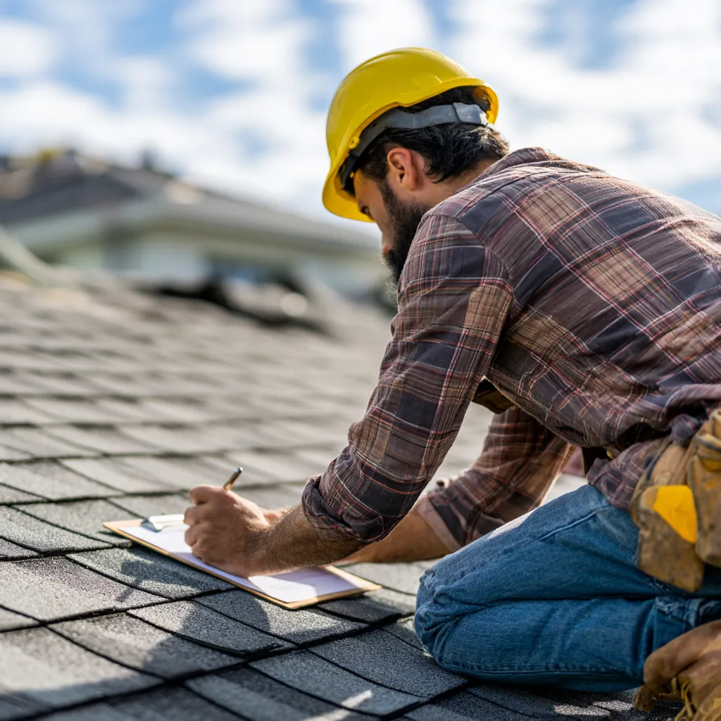 Notes being taken on a roof by an inspector in a yellow hard hat